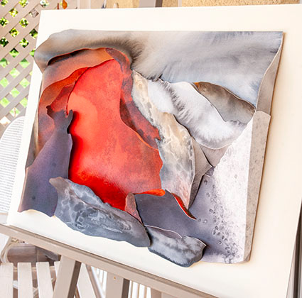 Algled photo to help appreciate the three-dimensional nature of a Sculptural Watercolour artwork